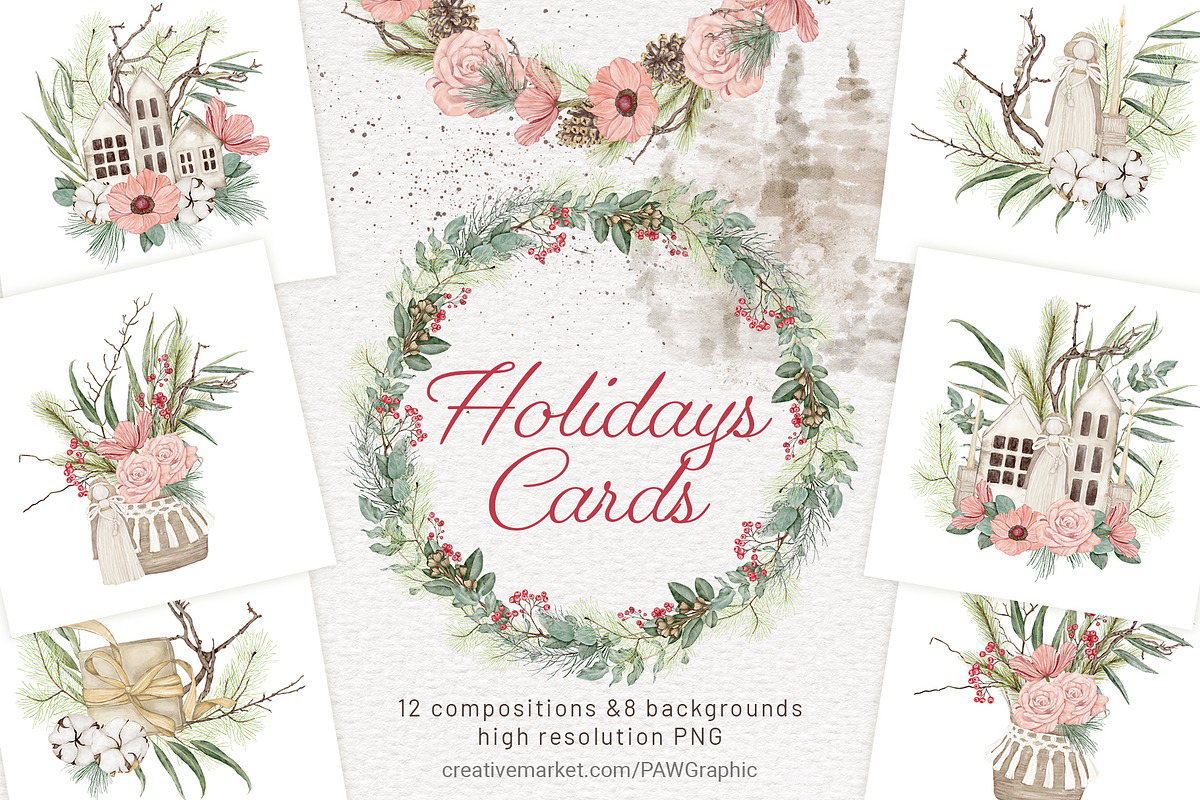 Christmas Boho Cards Bouquets Wreath, an Illustration by PawGraphic (Photo 1 of 10)