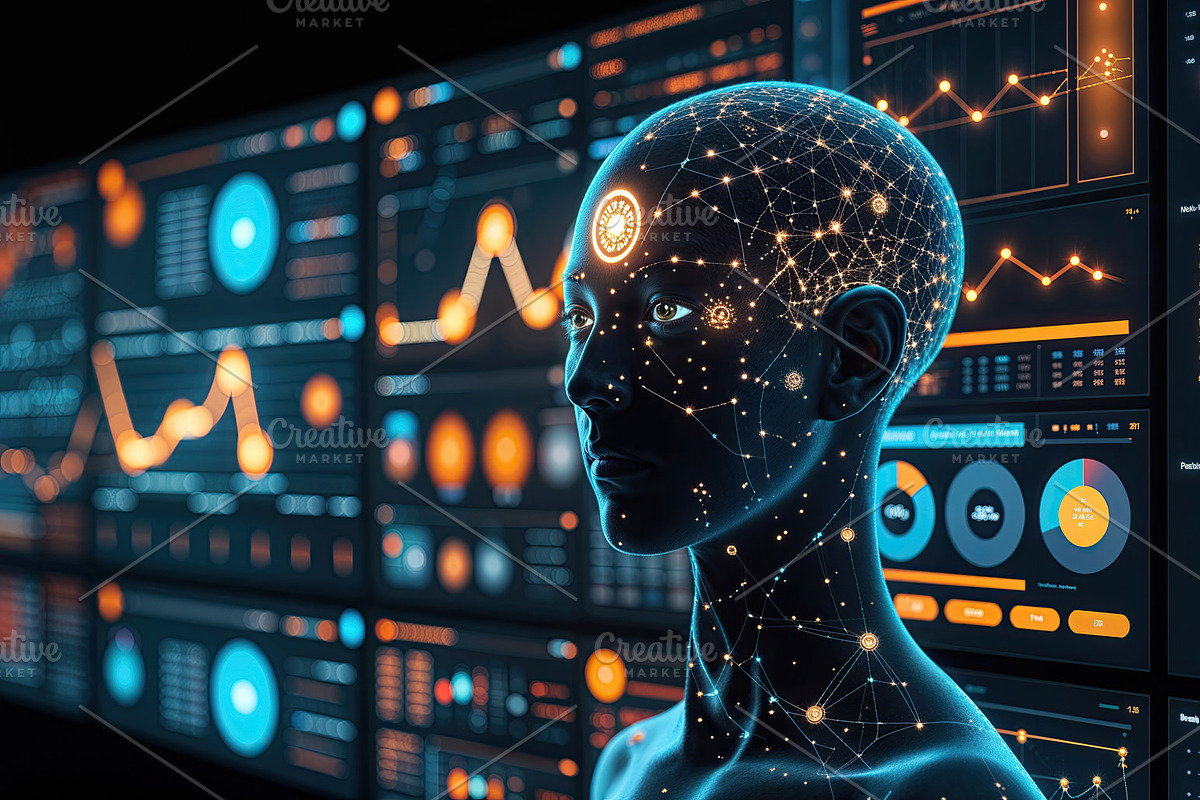 AI head glowing neural nodes, an Illustration by wavebreak