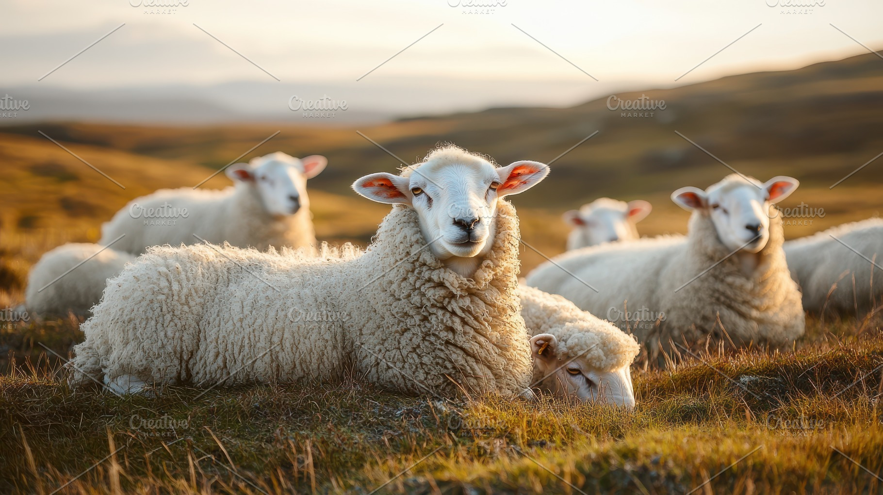 Sheep resting on grassy pasture at s, an Animal Photo by Pixeness Studio