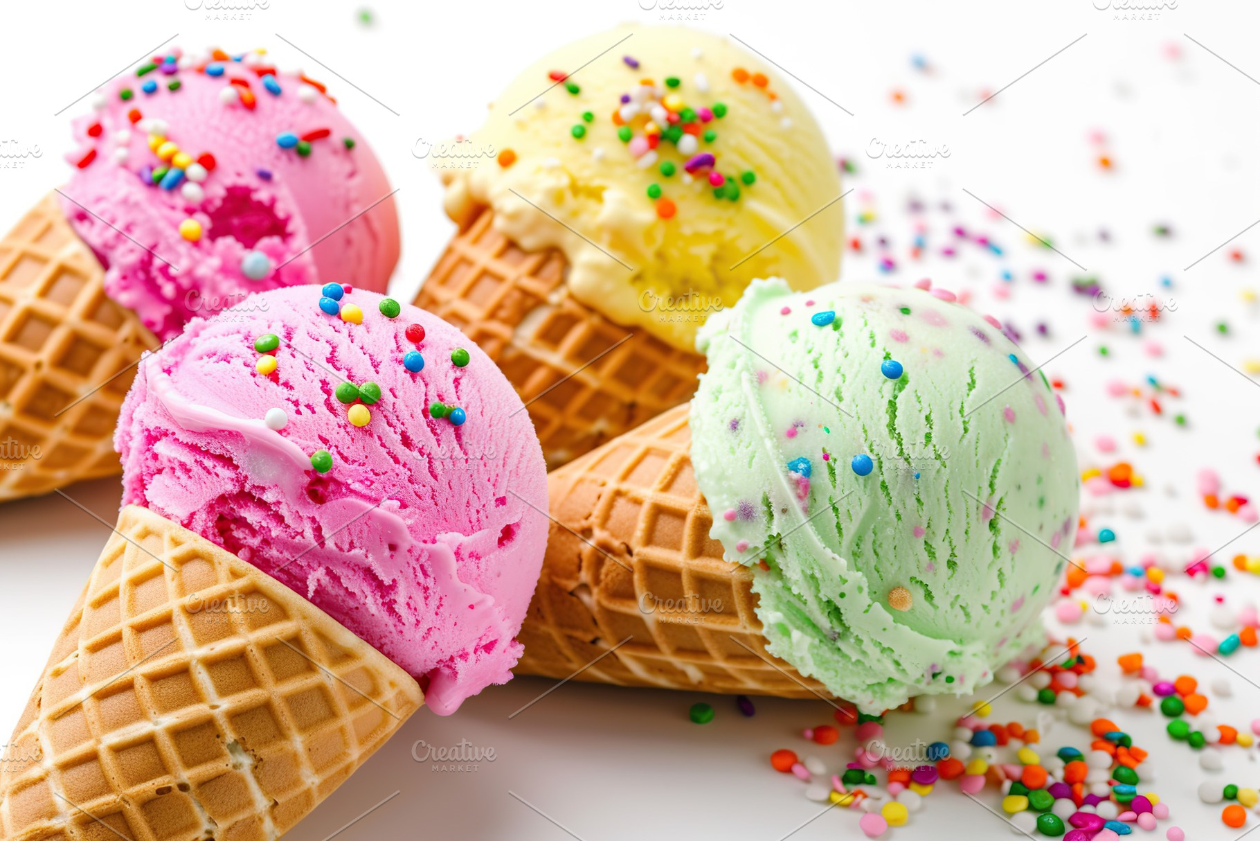 Colorful ice cream scoops with sprinkles in waffle cones on white background, a Food & Drink Photo by AlyaAnd