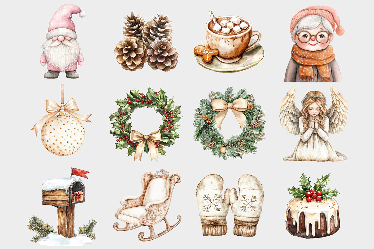 Watercolor Neutral Christmas Clipart, a Seasonal Illustration by Design Market (Photo 3 of 5)