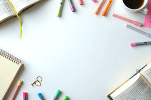 Top View Of Educational Books And Pa, a Photo by LOGOCREATIVE