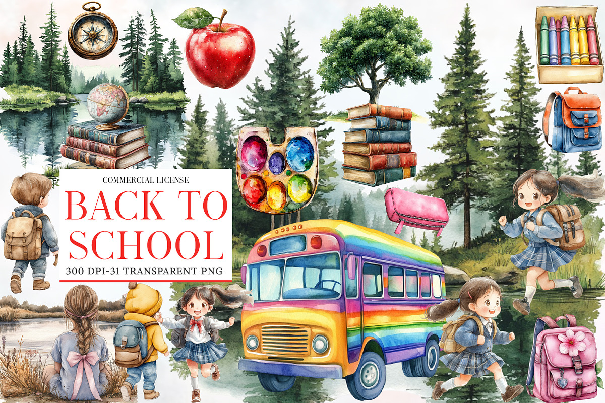 Watercolor Back to School Clipart, an Illustration by Designworld (Photo 1 of 5)