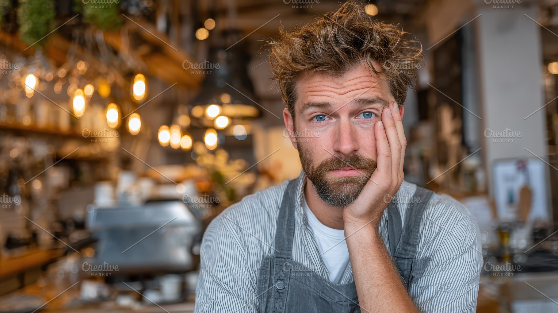 Tired barista in a coffee shop looki, a Photo by Pixeness Studio