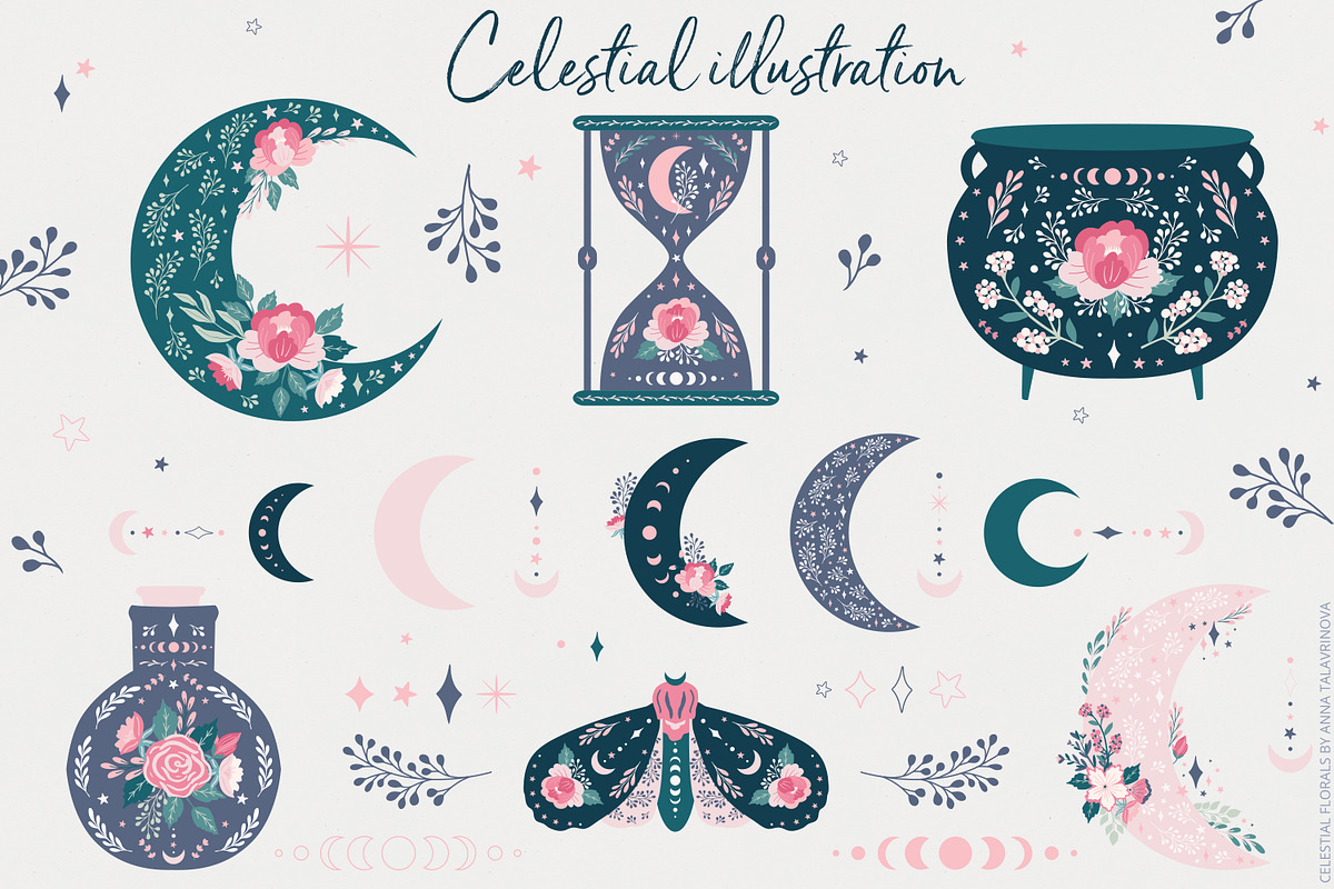 Celestial Florals Pattern & Clipart, an Illustration by Cozy pattern shop (Photo 3 of 10)
