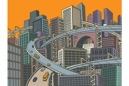 Megapolis city with many roads high