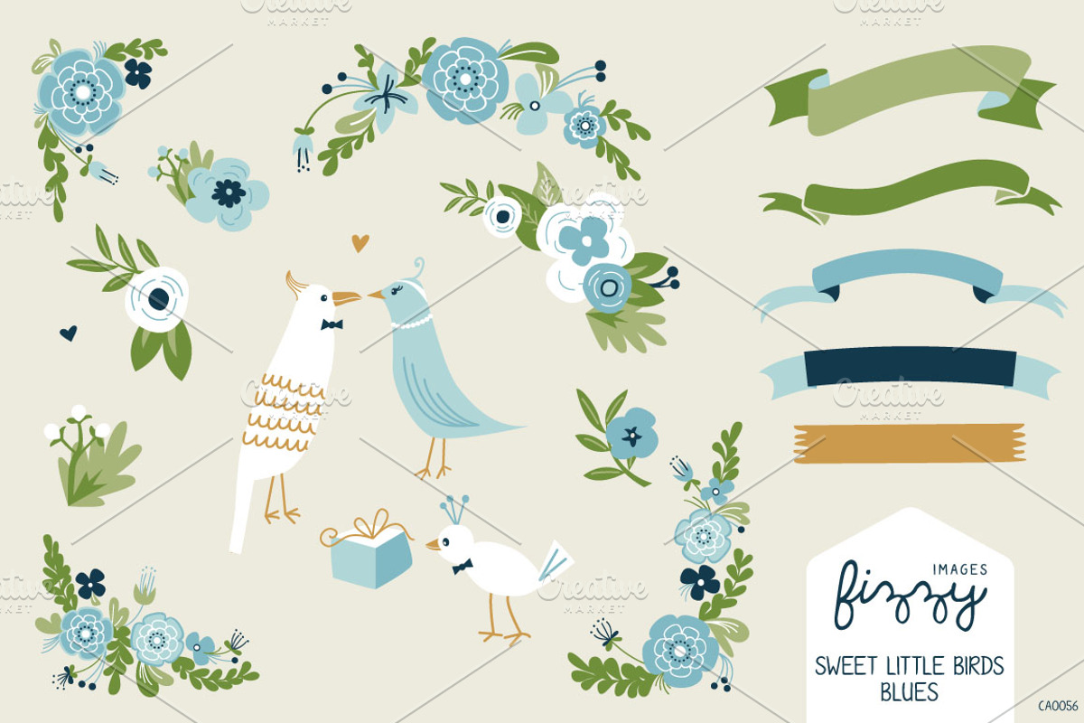 Wedding: Blue Floral & Birds Bundle, an Illustration by Fizzy Images