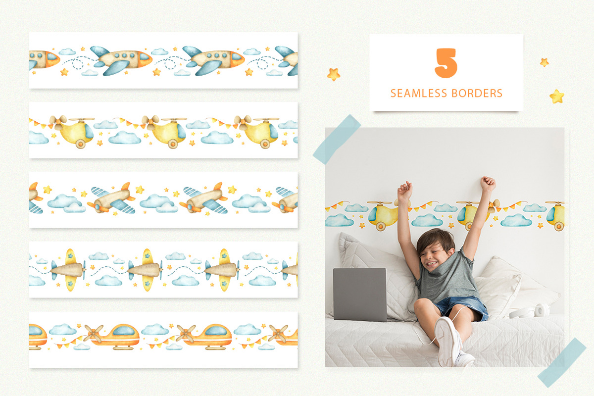 Airplanes kids watercolor clip art, an Illustration by Fedulova Art (Photo 8 of 14)