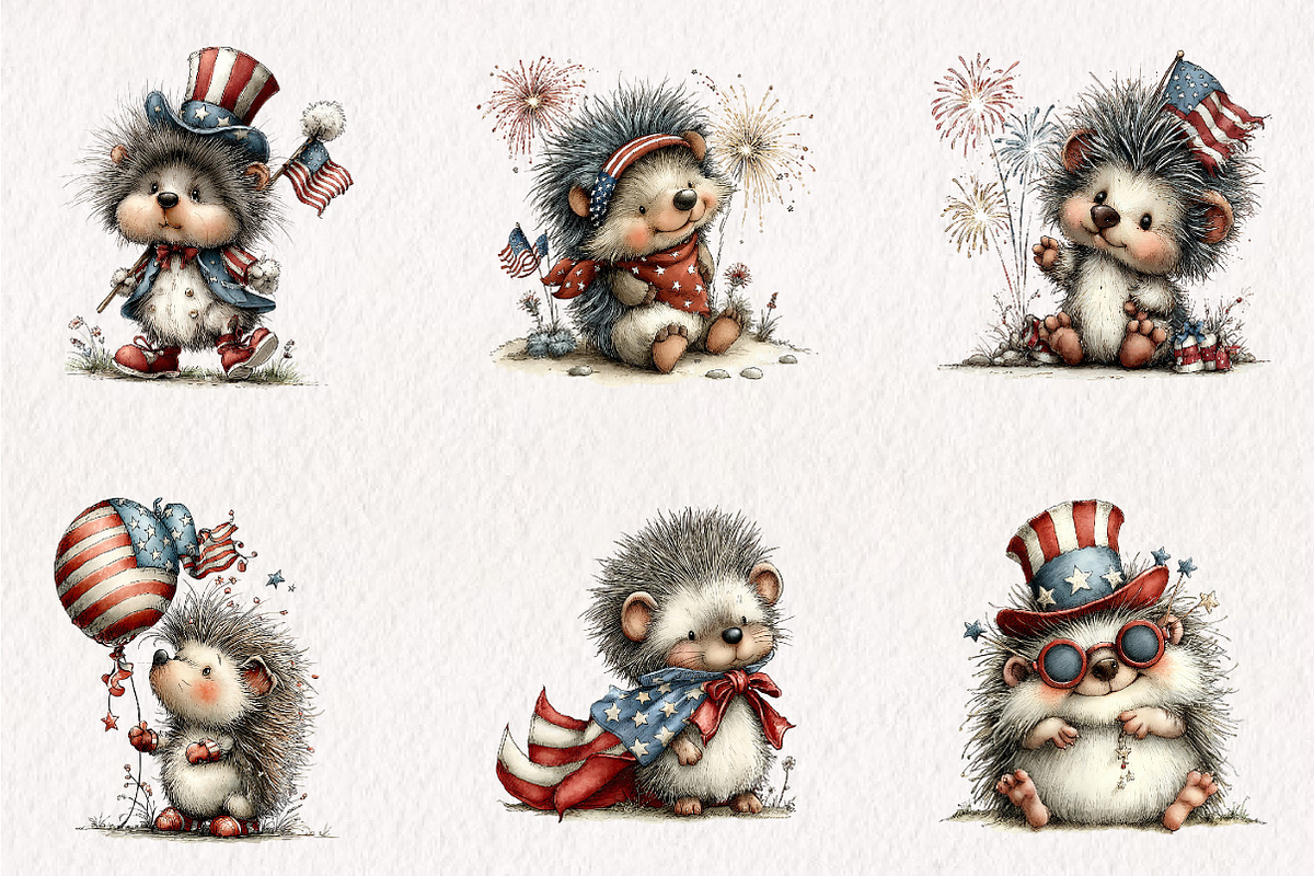 Whimsical Patriotic Hedgehog Clipart, an Animal Illustration by CreationArt (Photo 2 of 7)