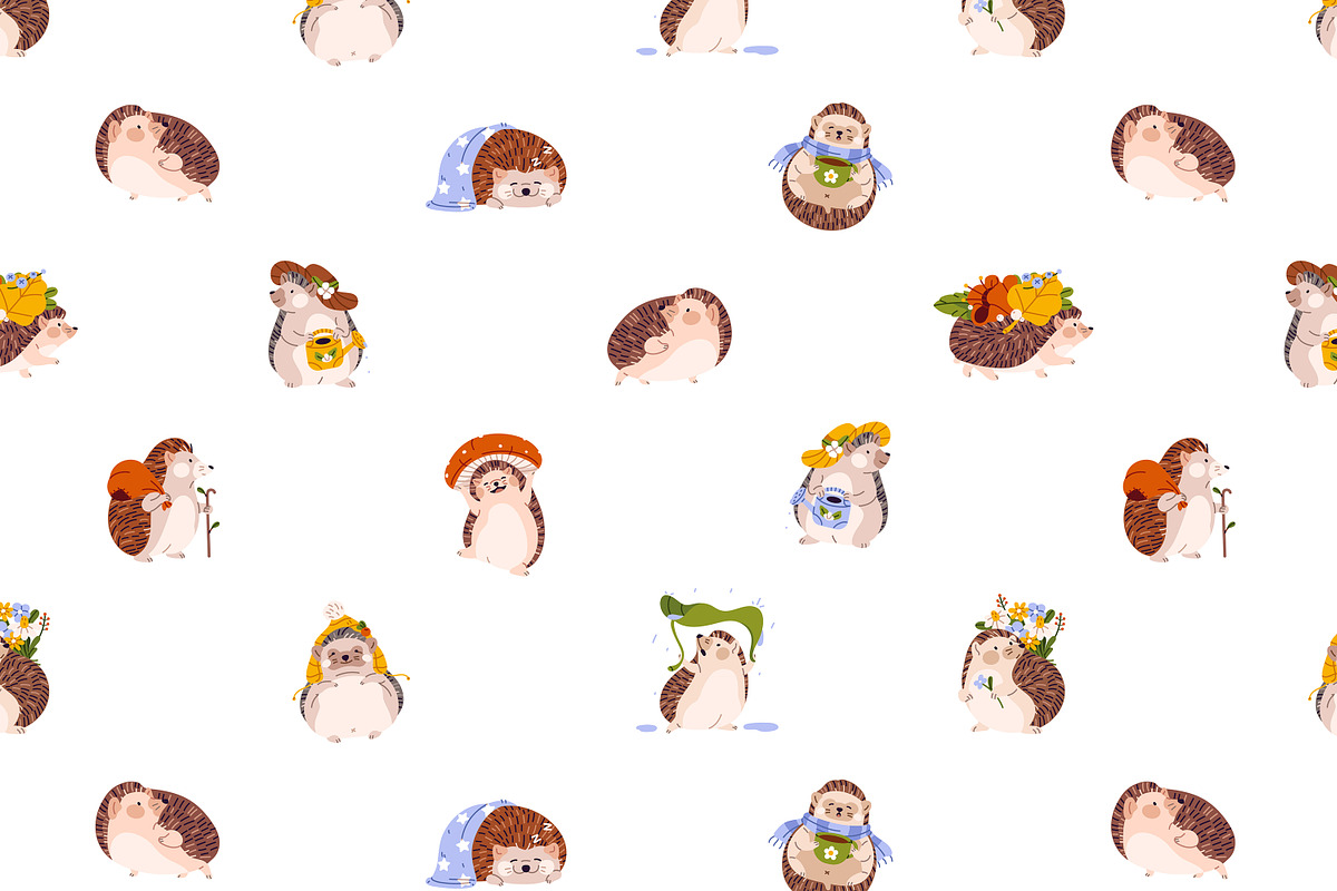 Cute funny hedgehogs set + patterns, an Animal Illustration by PaperTrident (Photo 2 of 3)