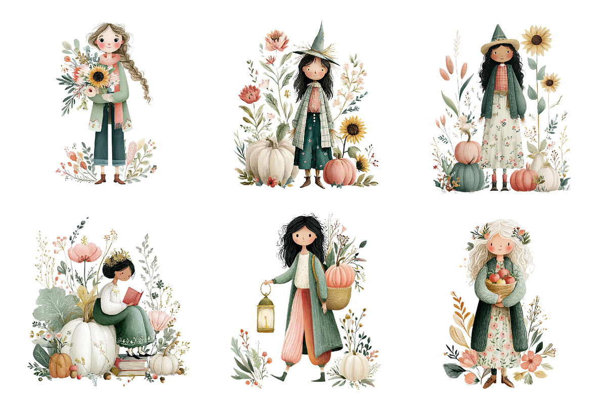 Whimsical Fall Autumn Girls Clipart, a Seasonal Illustration by DreamArtGraphic (Photo 4 of 5)