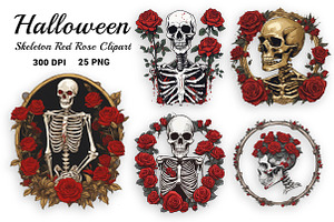 Halloween Skeleton Red Rose Clipart