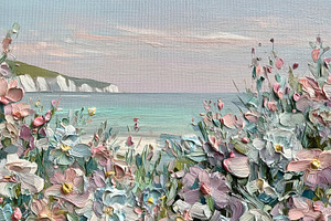 Fine Art. Coastal seascape oil painting showing pastel flowers b, a Decorative Illustration by Studio ANNA