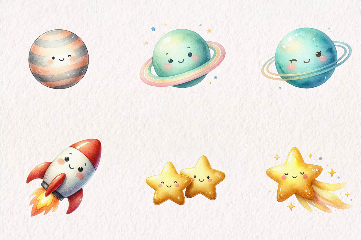 Cute Space Clipart - Watercolor, a Seasonal Illustration by CreationArt (Photo 2 of 7)