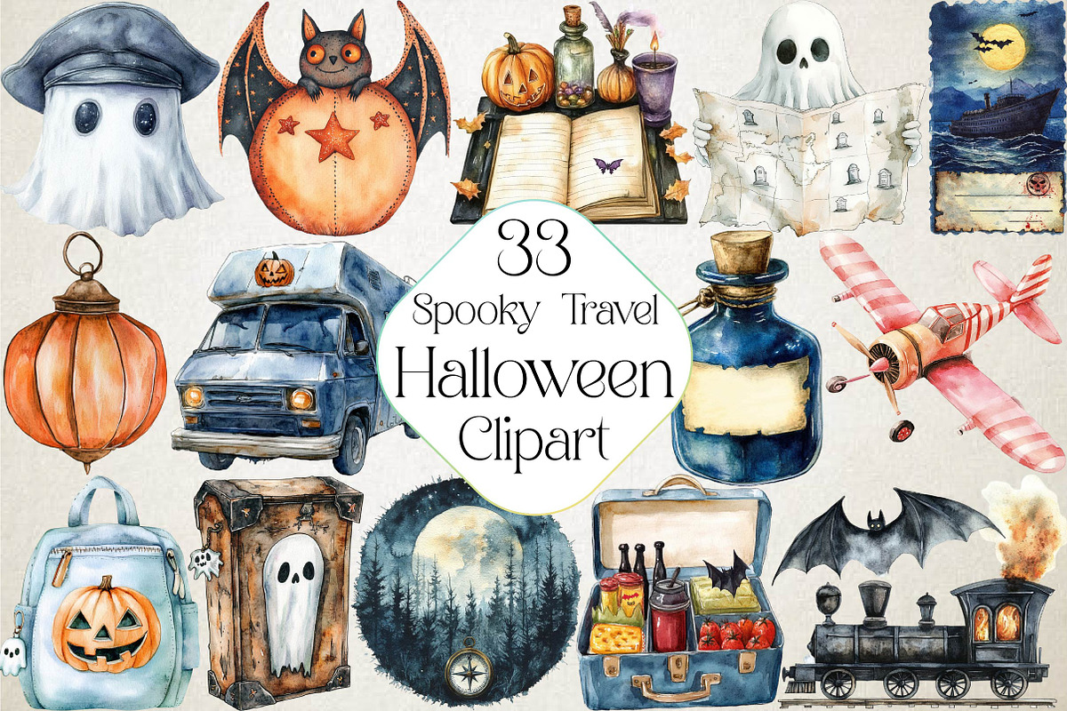 Spooky Halloween Travel Clipart Bund, an Illustration by DreamPrint404 (Photo 1 of 4)