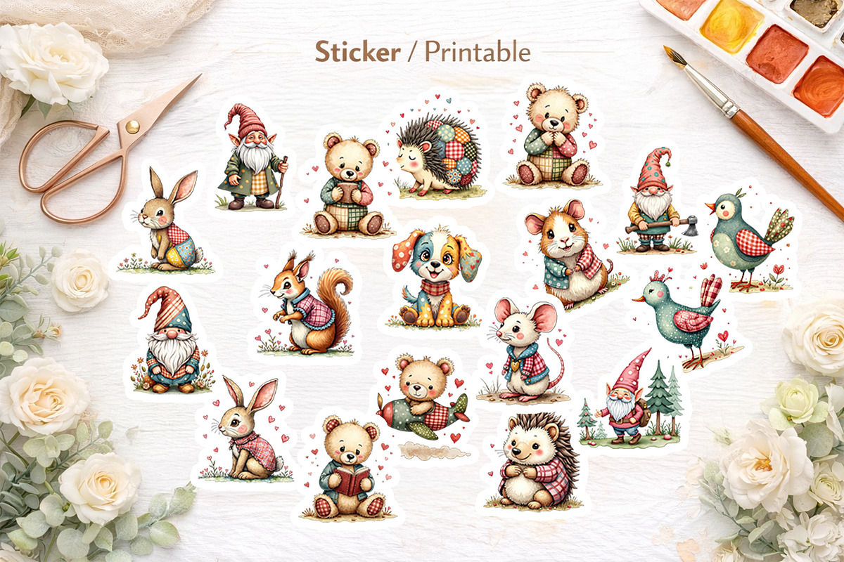 Patchwork Watercolor Animal & Gnomes, an Illustration by Artnoy (Photo 7 of 8)