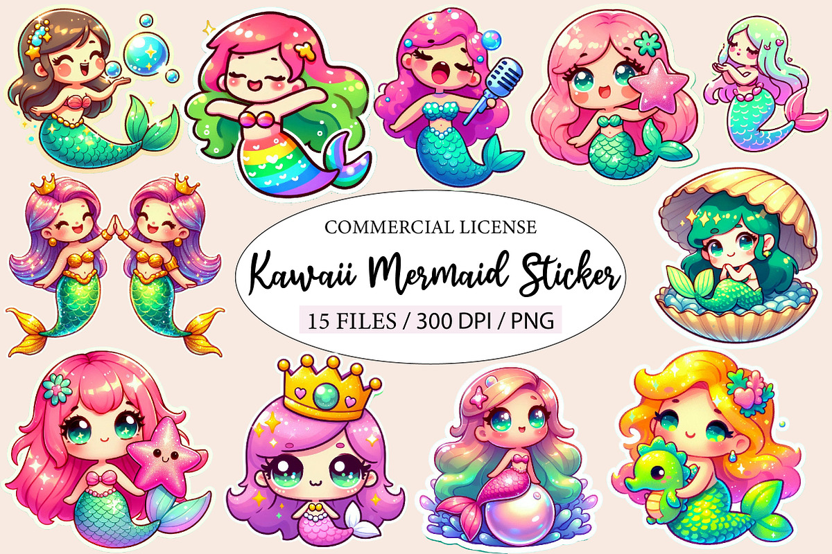 Kawaii Mermaid Clipart Bundle, an Illustration by Designworld (Photo 1 of 5)