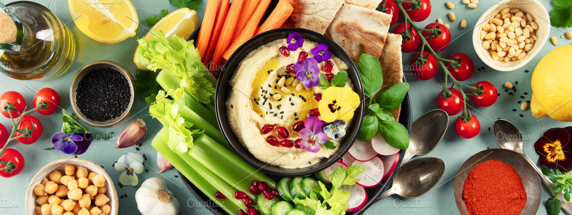 Colorful Hummus Platter with Fresh Vegetables and Pita, a Food & Drink Photo by Natalia Klenova's Shop