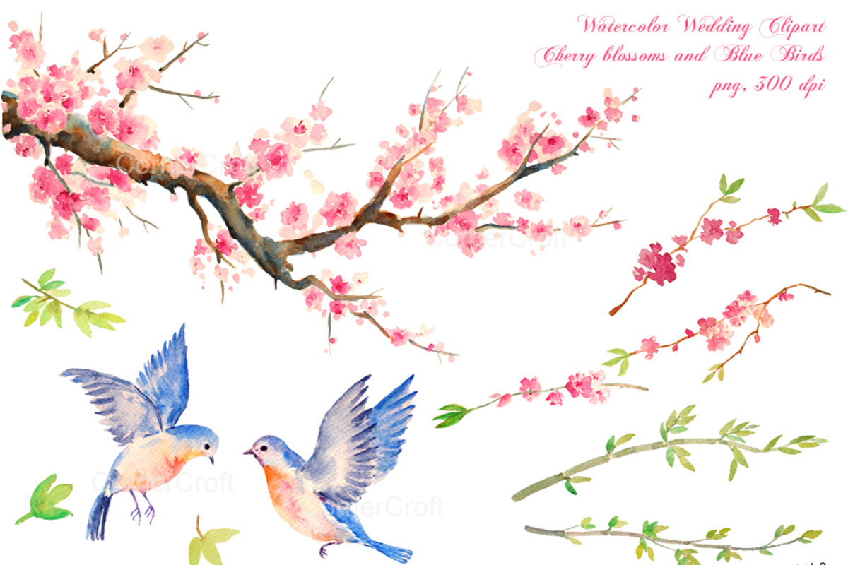 wedding clipart cherry blue birds