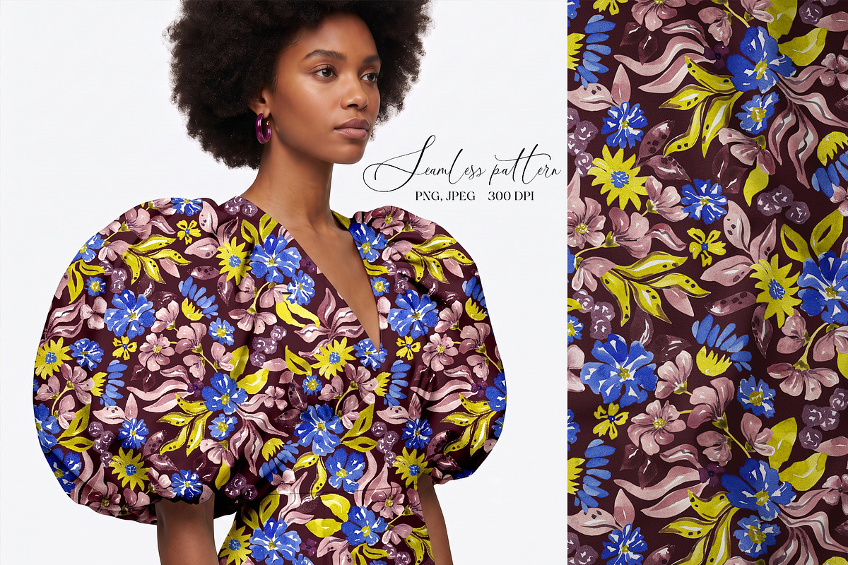 Blue, Yellow, Plum floral pattern, a Pattern Graphic by SirenaArt (Photo 10 of 16)