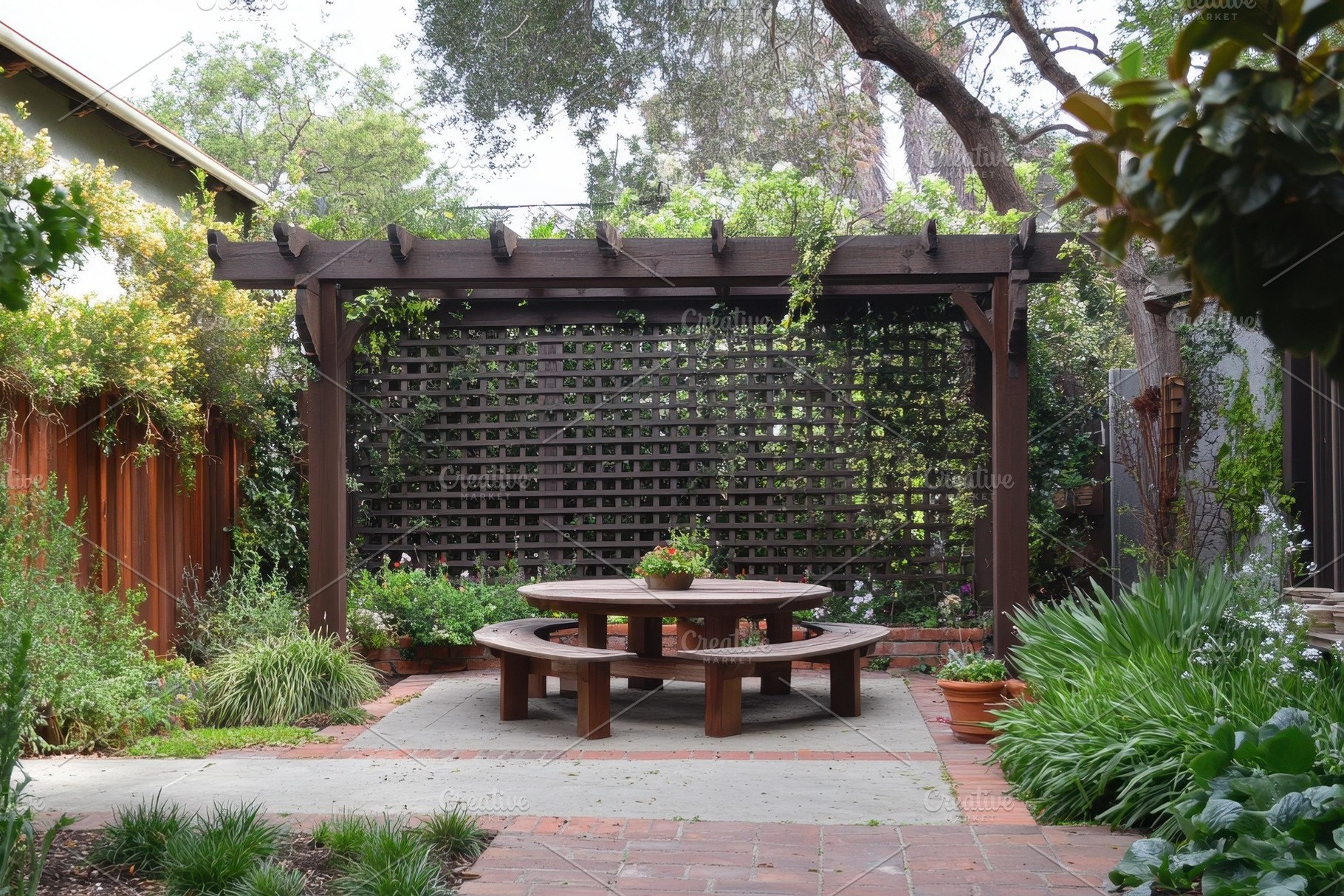 Beautiful backyard garden with seati, a Photo by Tanuart