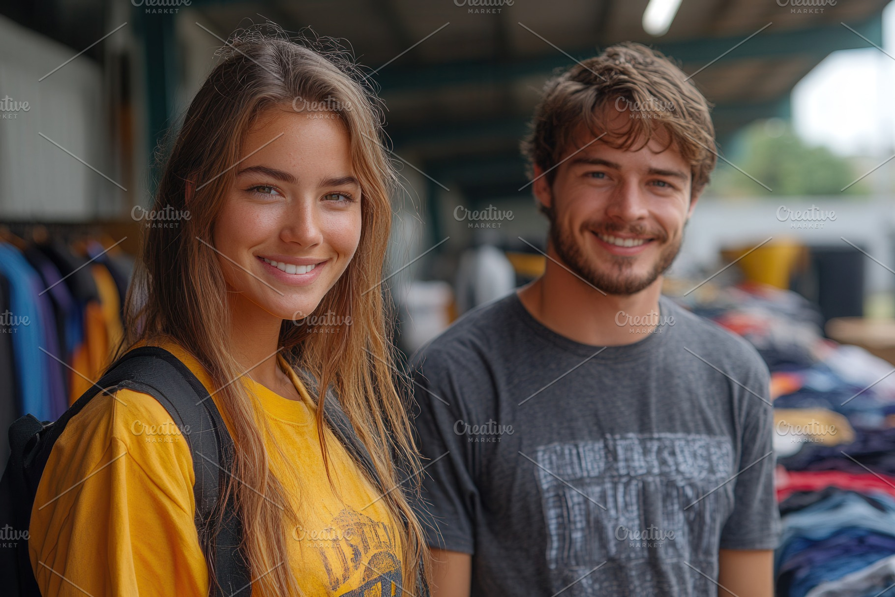 Youthful friends smiling in casual a, a Photo by Tanuart
