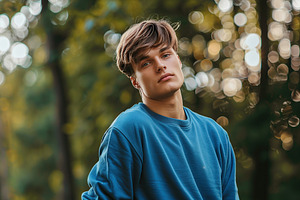 Young attractive man in blue sweatshirt on summer park backgroun, a Person Photo by AlyaAnd