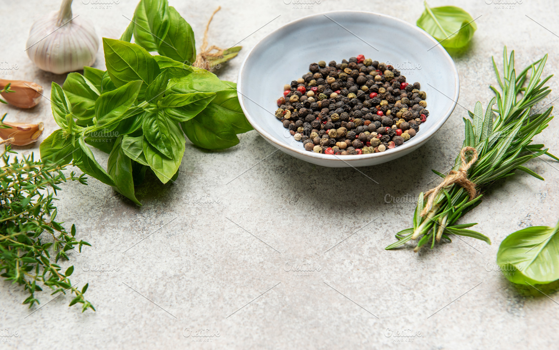 Fresh herbs and spices creating culinary masterpiece on table, a Food & Drink Photo by Olena Rudo