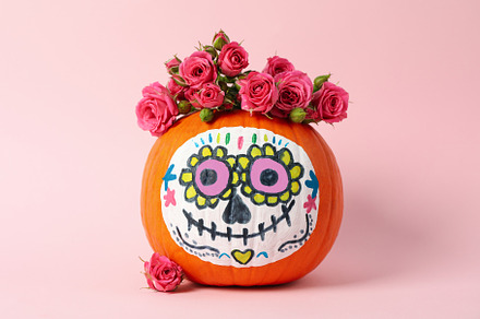 Pumpkin with catrina skull makeup and flowers on pink background, a Holiday Photo by AtlasStudio