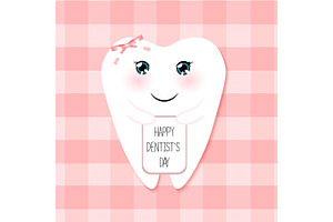 Cute greeting card Happy Dentist Day as funny smiling cartoon character of tooth