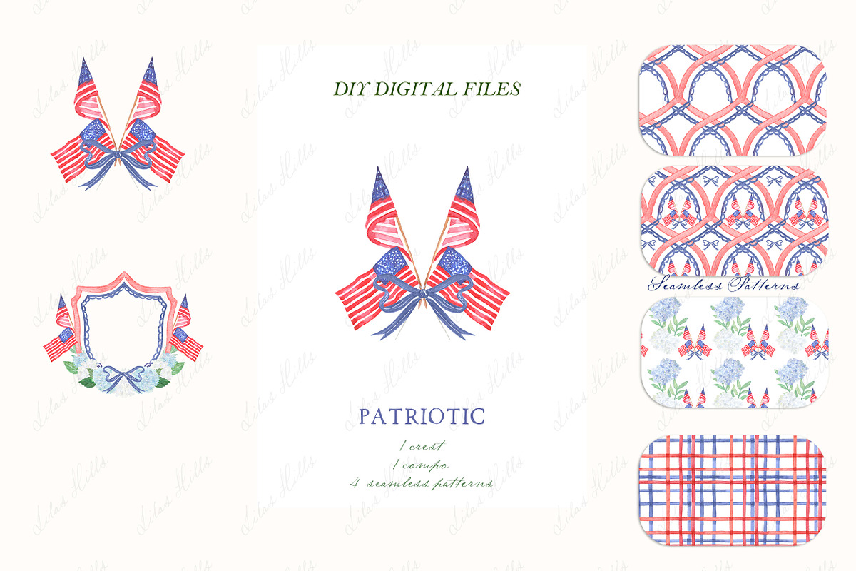 PATRIOTIC Watercolor Crest  Patterns, a Graphic by LABFcreations (Photo 2 of 4)