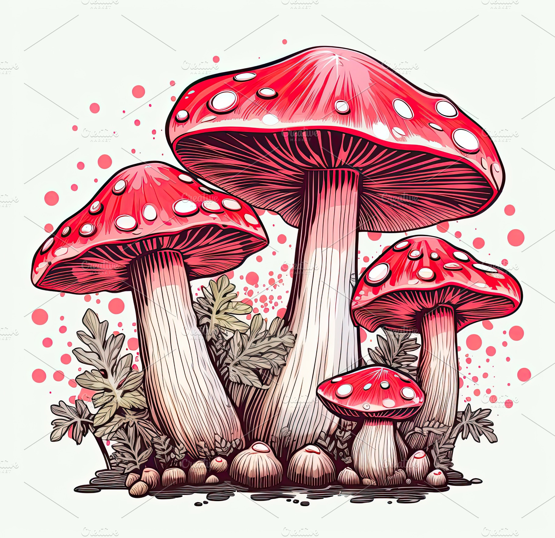 Whimsical Illustrated Scene of Vibrant Red Fly Agaric Mushrooms, a Nature Photo by José Manuel Gelpi