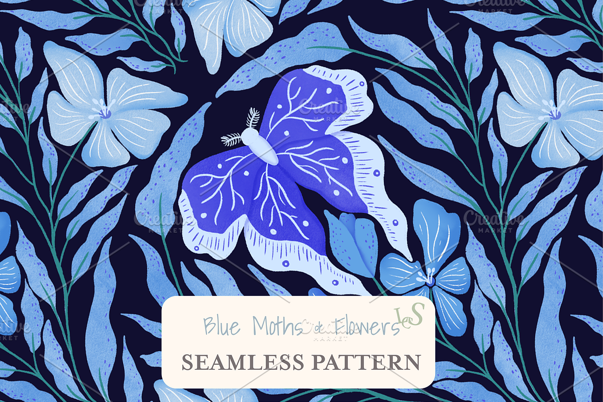 Monochrome Moth and Floral Seamless, a Pattern Graphic by Little Creative Scribbles (Photo 1 of 8)