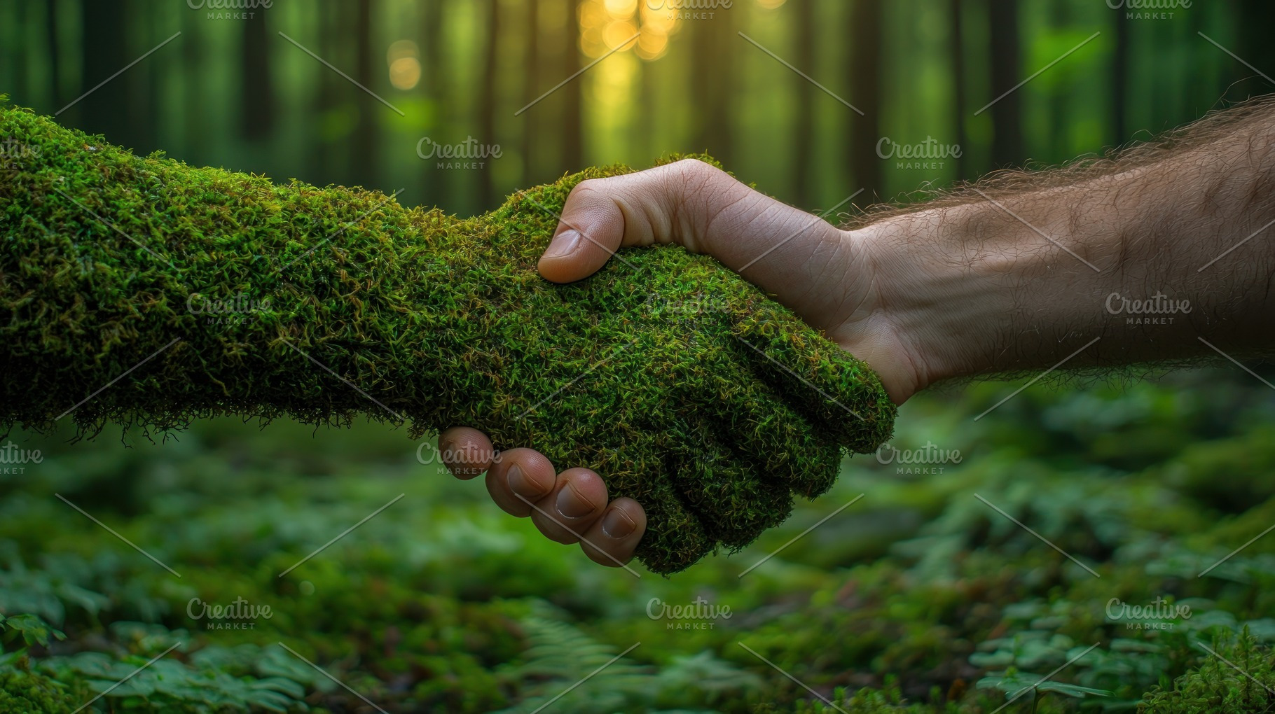 Human hand shaking hand covered in moss symbolizing harmony betw, a Nature Photo by José Manuel Gelpi