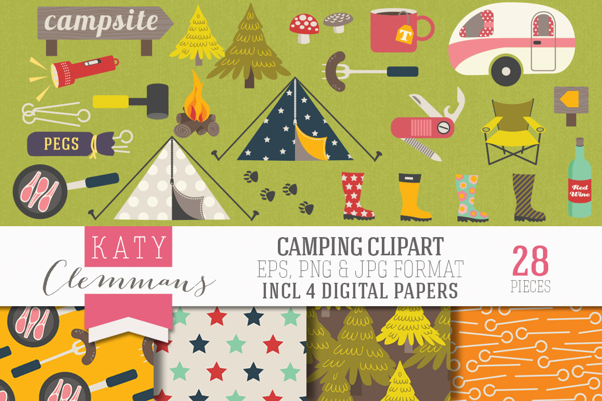 Camping clip art pack with papers, an Illustration by Katy Clemmans (Photo 1 of 5)