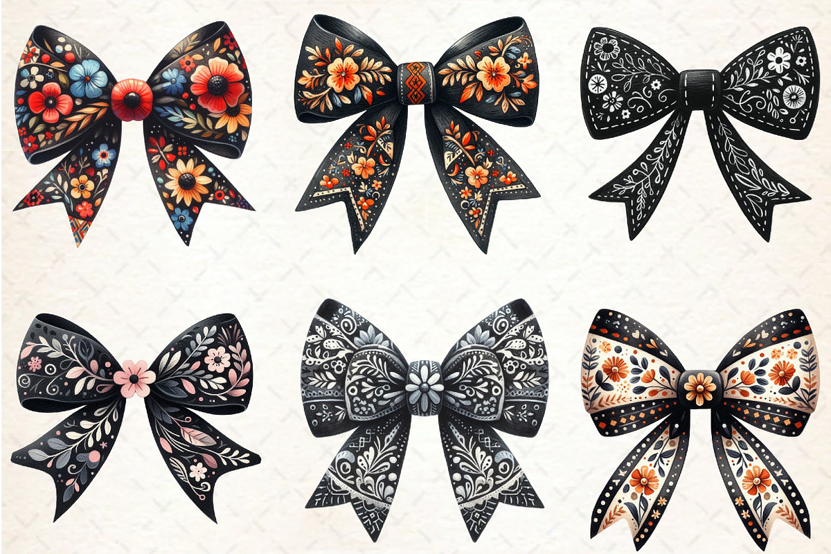 Folk Art Black Bow Flowers Clipart, an Illustration by Rose Art (Photo 4 of 4)