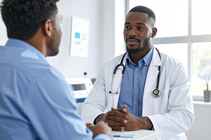 Friendly doctor consulting with a male patient, a Health & Medical Photo by DanFLCreativo