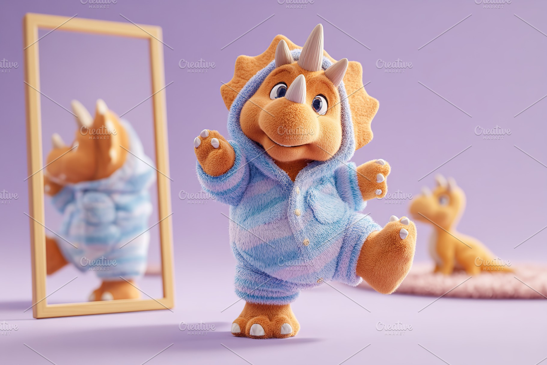 Cute triceratops plush toy dancing in pajamas by a mirror in a pastel room sett, a Photo by AlyaAnd