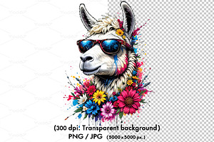 Llama wearing sunglasses and floral., an Animal Illustration by yod67