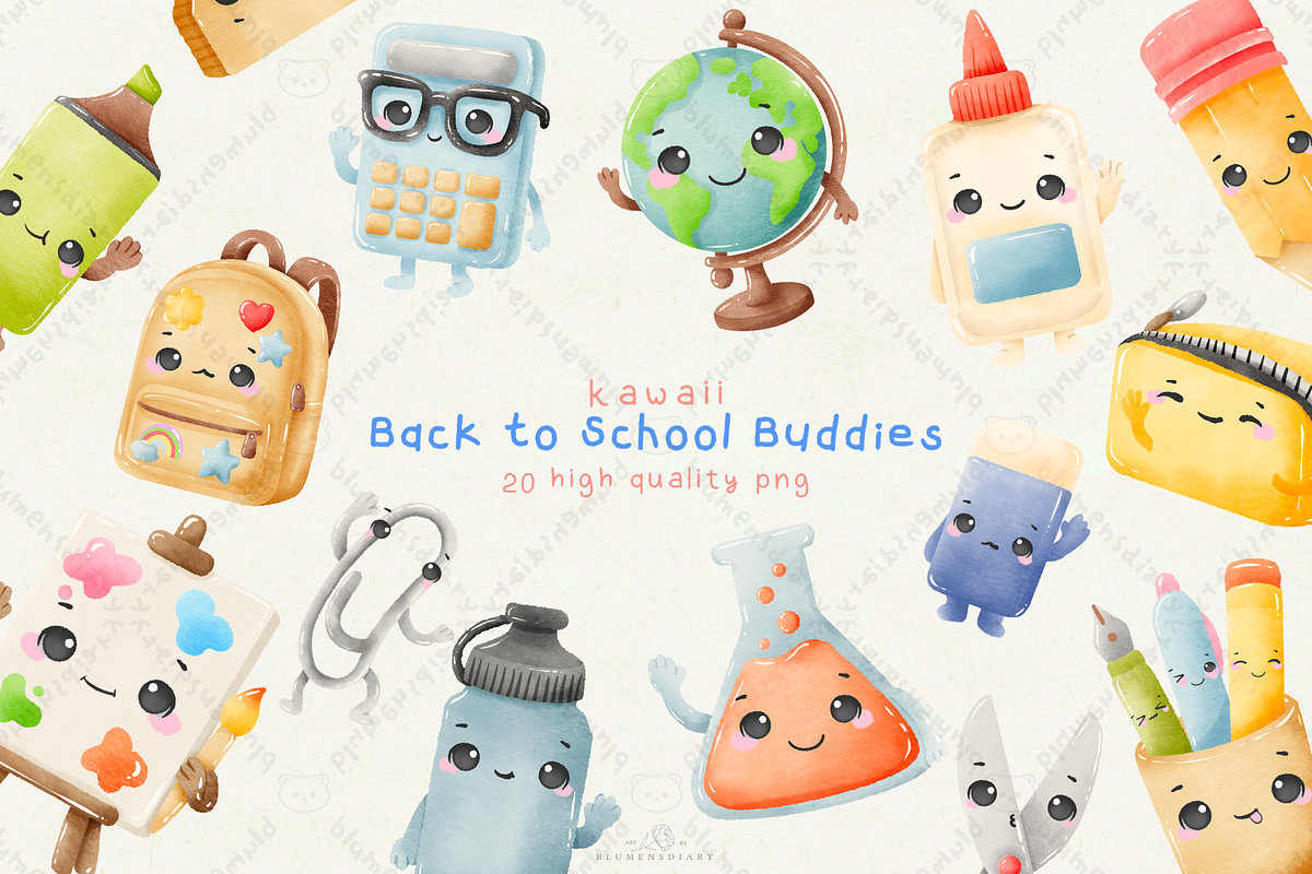 Kawaii Watercolor Back to School, an Education Illustration by Blumensdiary (Photo 1 of 7)