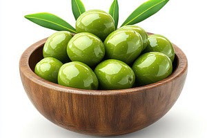 Green olives in a wooden bowl with l, a Food & Drink Photo by Pixeness Studio