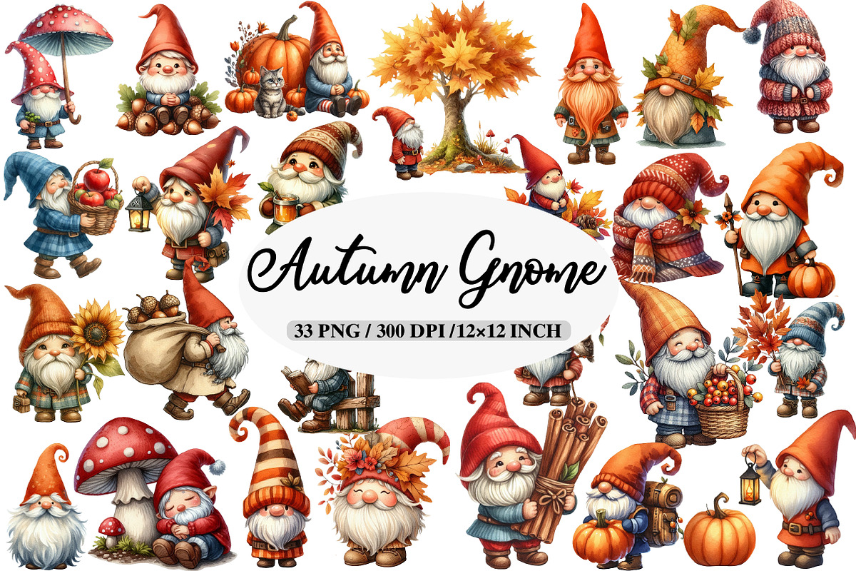 Watercolor Autumn Gnome Clipart, an Illustration by Daily.Designs (Photo 1 of 5)