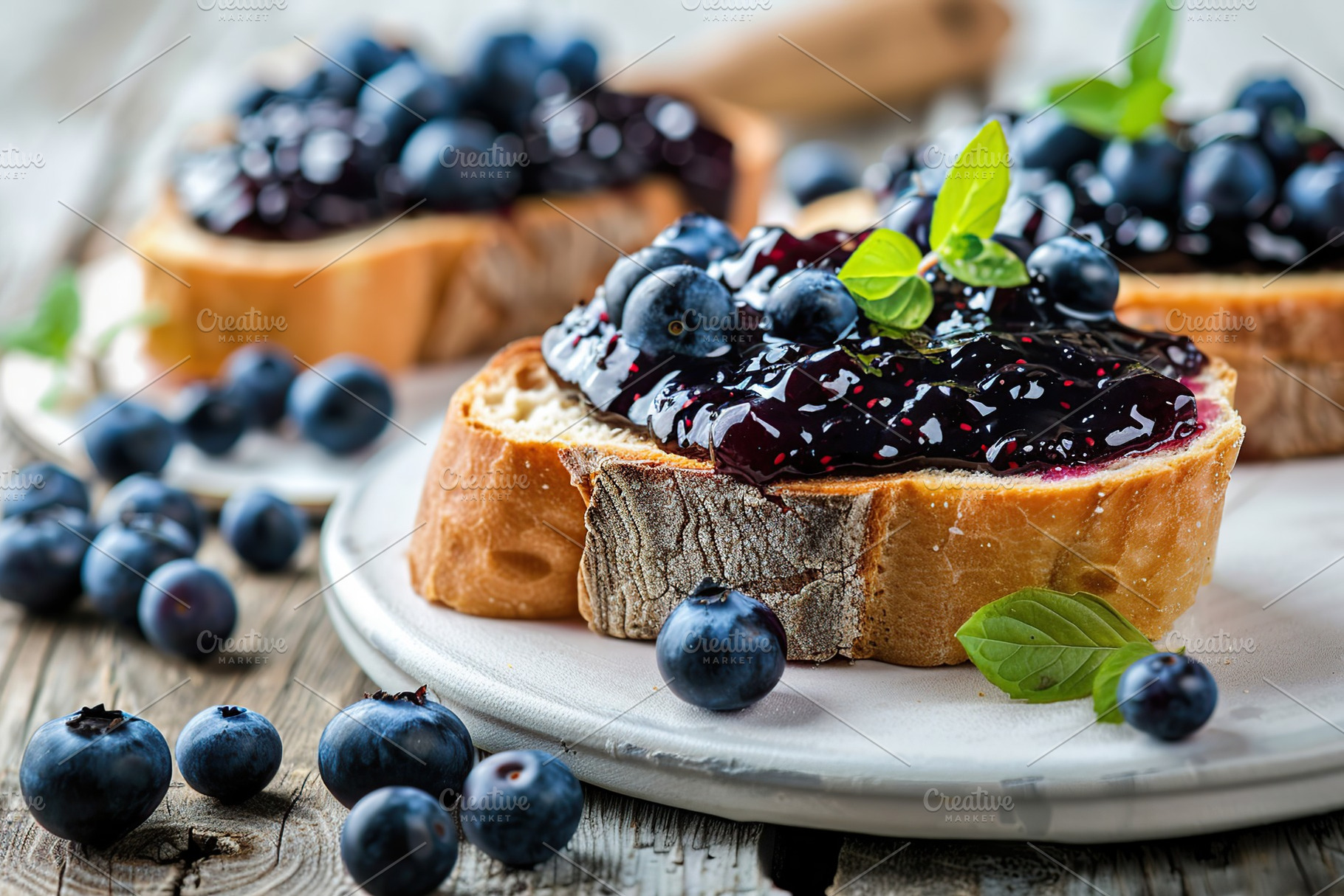 Toast breads with sweet blueberry jam on wooden table, a Food & Drink Photo by AlyaAnd