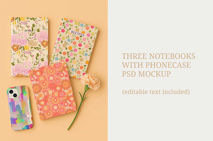 Three notebooks with phonecase PSD, a Merchandise Mockup by jenartstudio