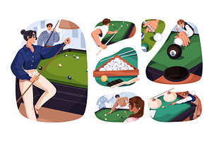 People play pool at billiard table, a Sport Illustration by PaperTrident