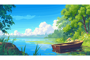 Lake background cartoon. Moored, an Illustration by Stock-Smart-Start