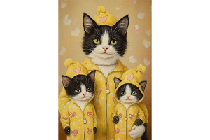 Tuxedo Cat Family in Yellow Pajamas, an Animal Illustration by Art Paradise Studios