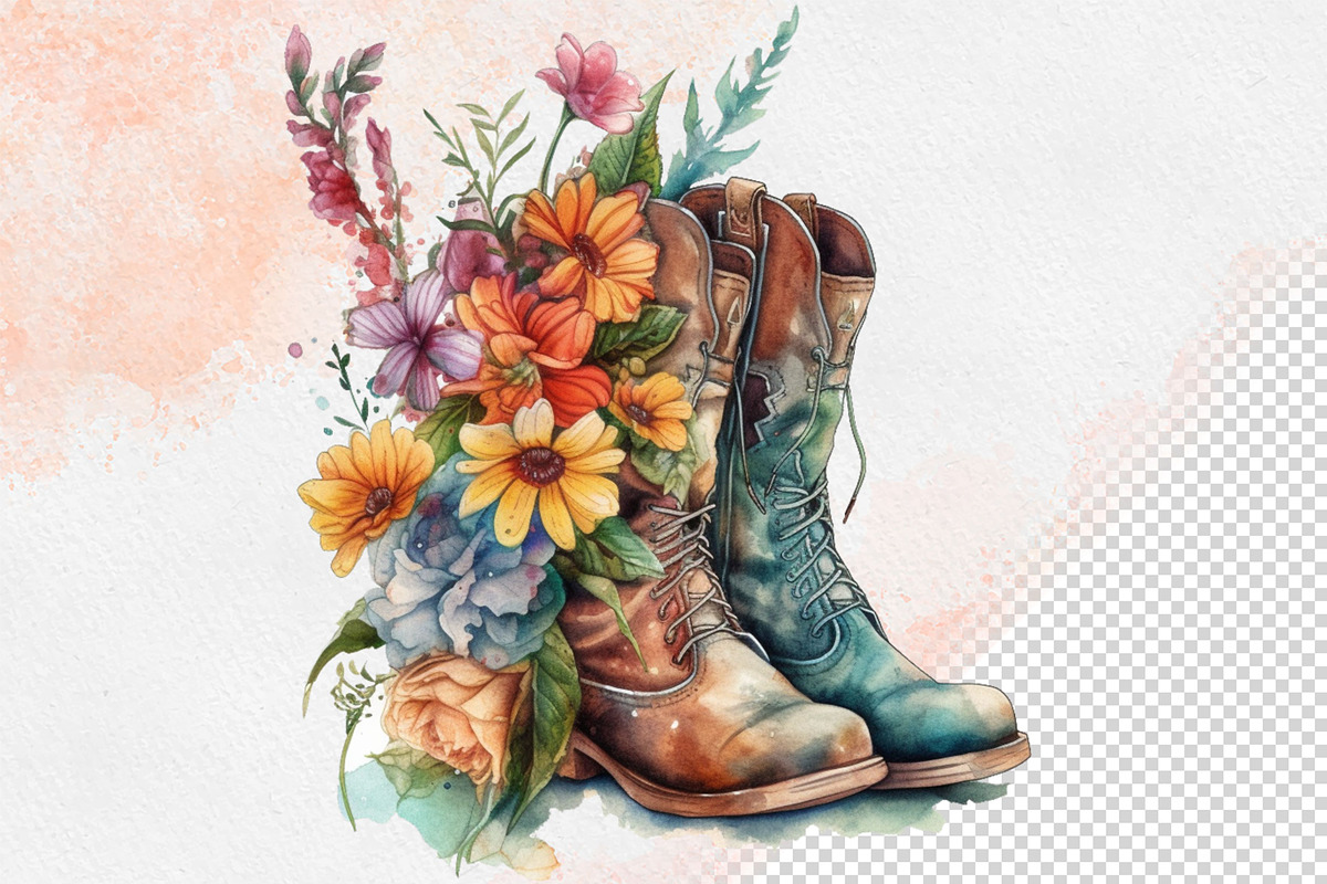Western Flowers Boots Watercolor PNG, an Object Illustration by iloveTemplate (Photo 8 of 14)