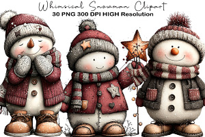 Whimsical Snowman Clipart, an Illustration by Black Bird Studio