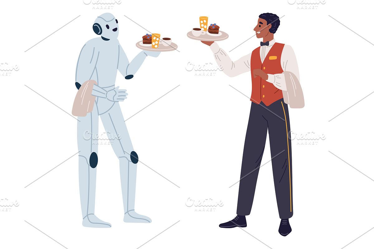 Robot waiter and male waiter holding, a Person Illustration by Vectorbuum